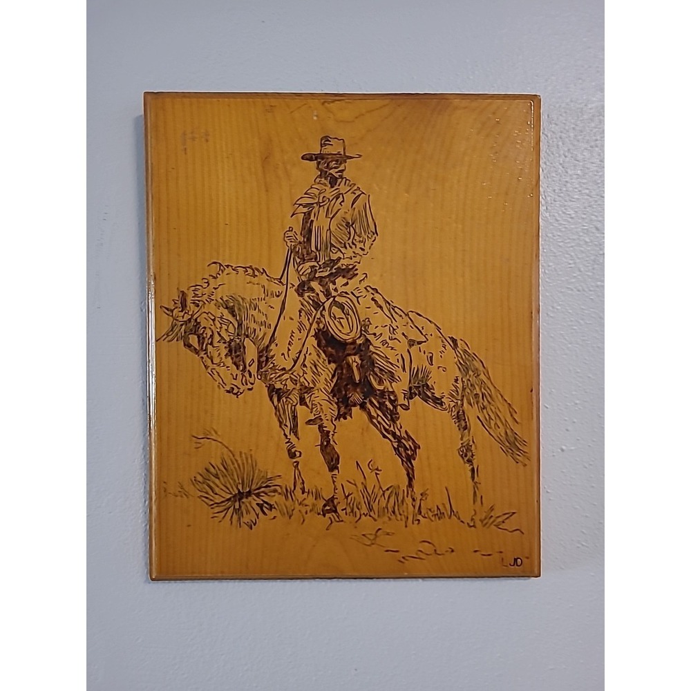 Vintage Western Cowboy And Horse Drawn On Wood Plague LJD 11x9"